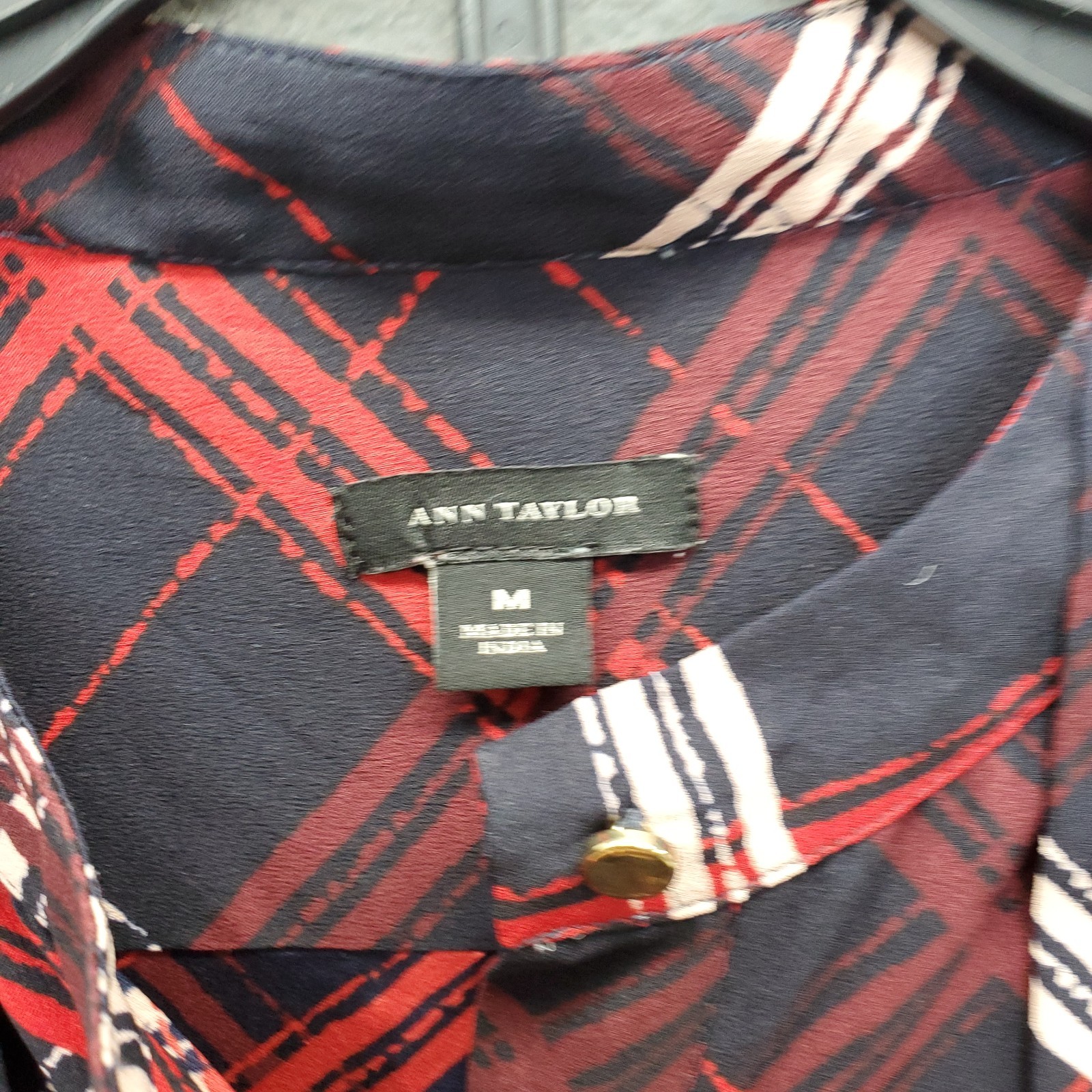 Ann Taylor Shirt Top Womens Medium Multi Plaid Long Sleeve Tie Neck Button Front