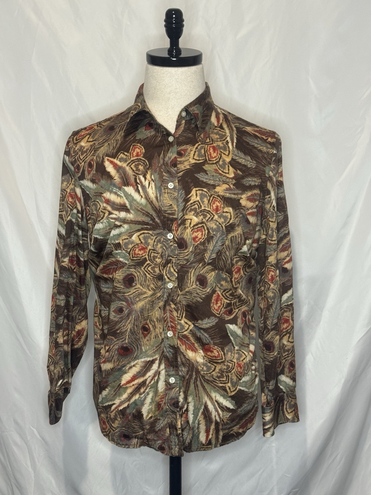 Lauren Ralph Lauren Peacock Feather Shirt Brown Cotton Sateen Blouse Women’s L