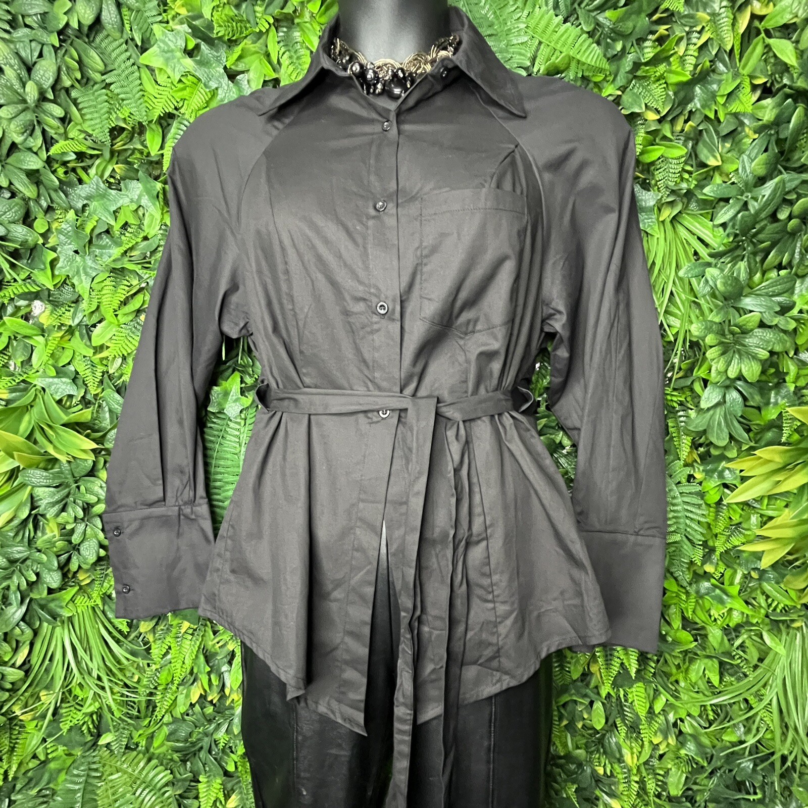 HYFVE Tops Women Large Black Button Shirt Open Back Design Belted Waist 0899