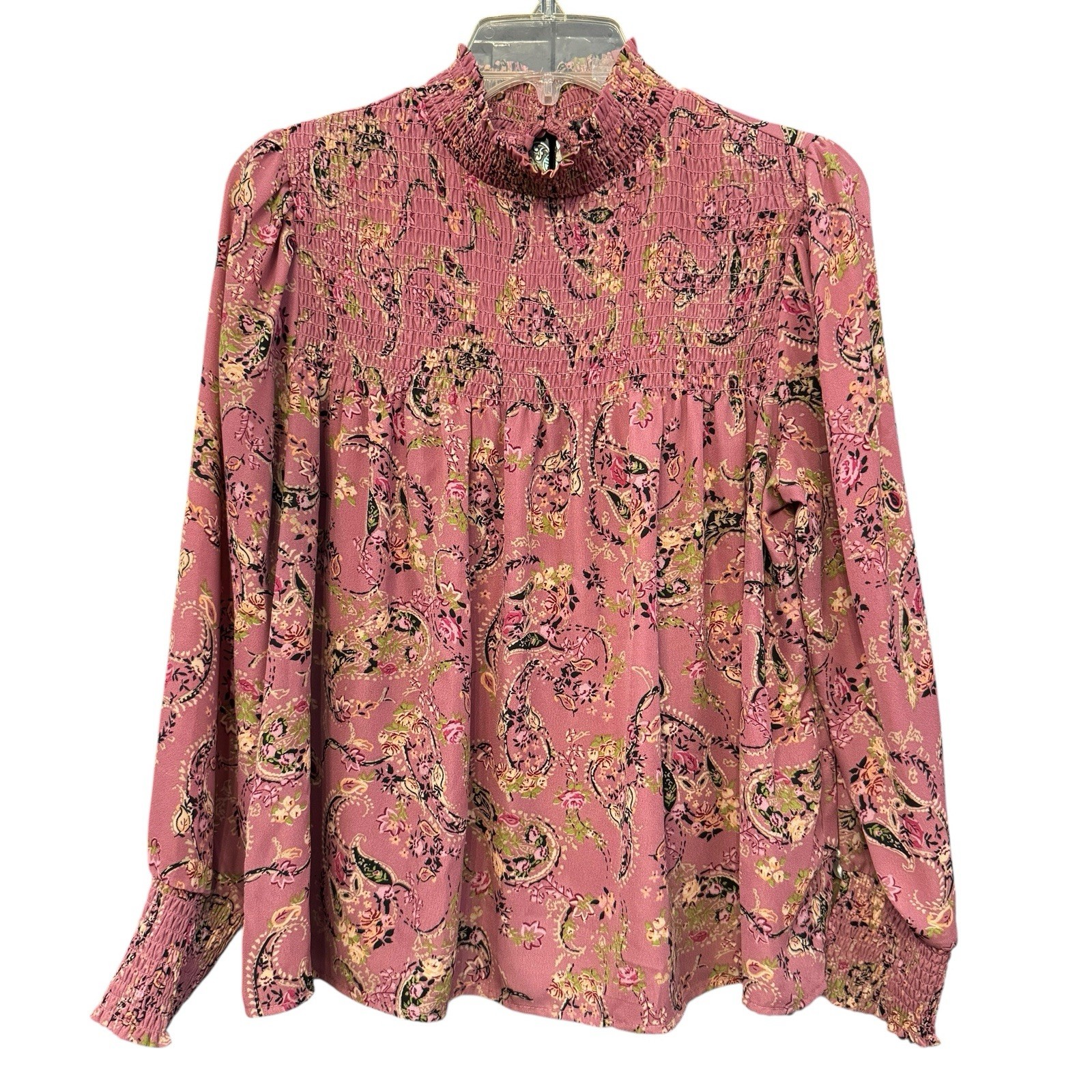 Cure Pink Paisley Floral Blouse M Smocked Neck & Cuffs Long Sleeve Boho Top