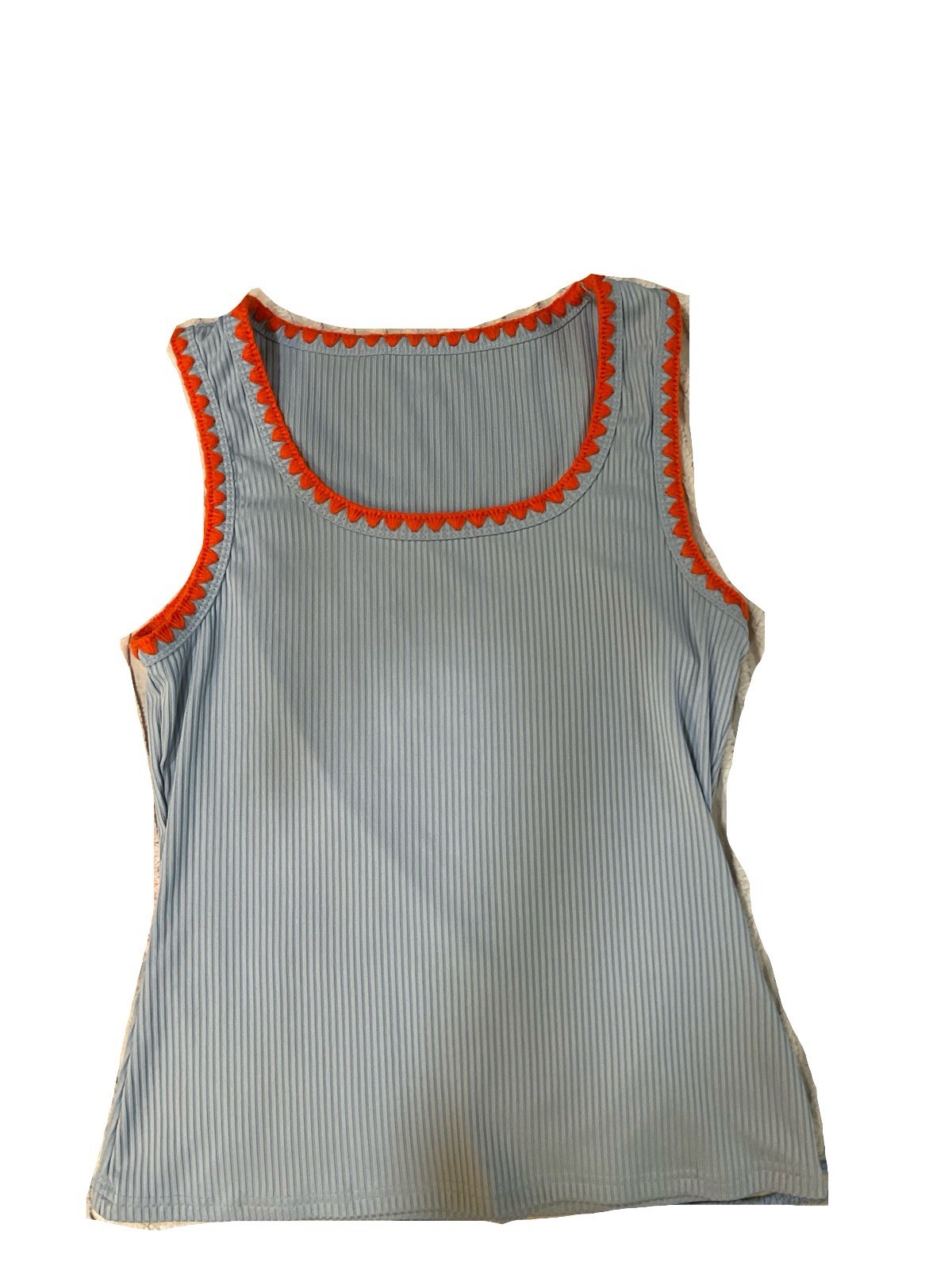 Women’s Light Blue Ribbed Tank Top Orange Trim Sleeveless Stretch Casual Top M