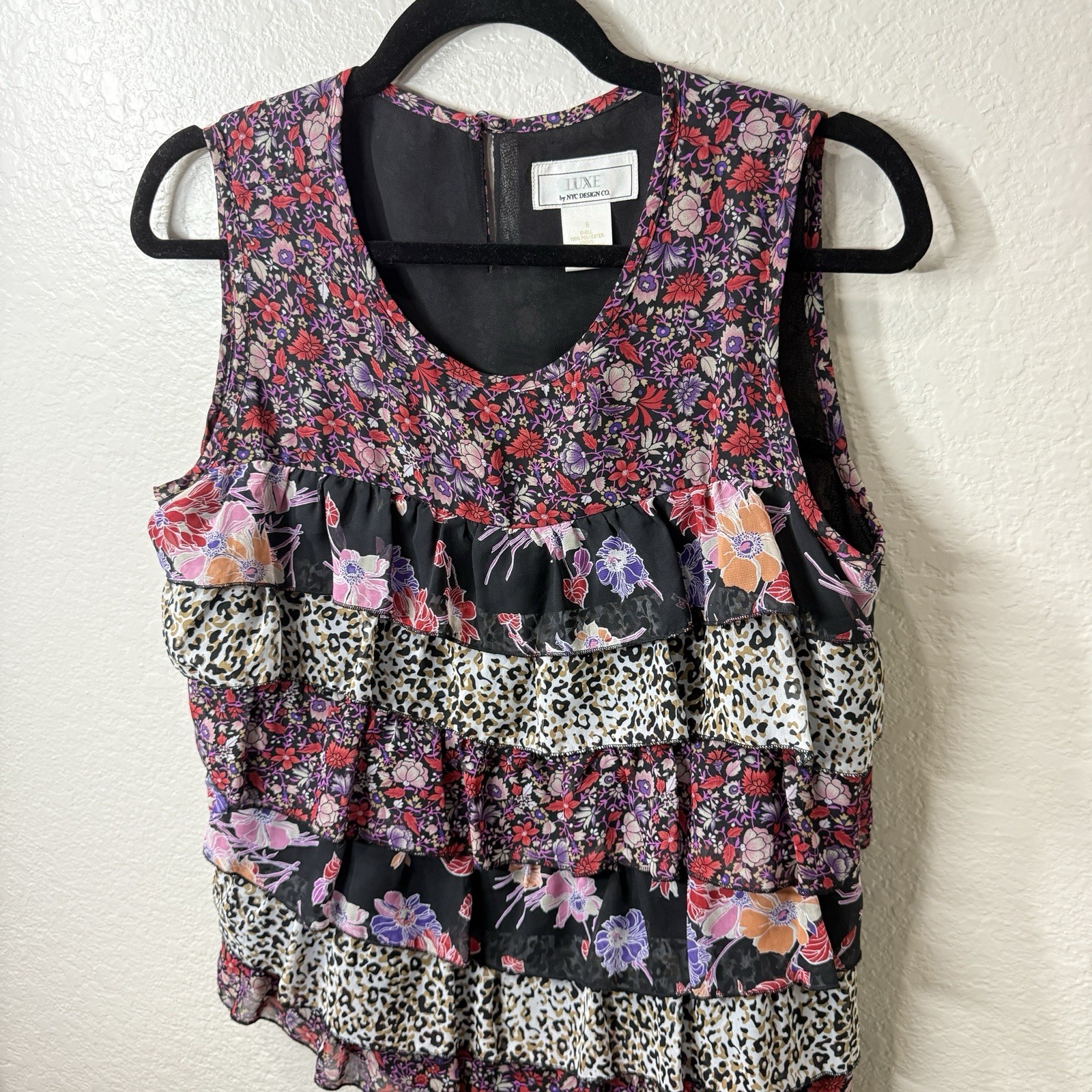 LUXE by NYC Design Co Sleeveless Top Tiered Mixed Print Ruffled Chiffon Small