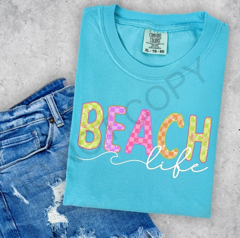 Beach Life Shirt Colorful Graphic Tee Summer Vacation Bright Neon Coastal Top