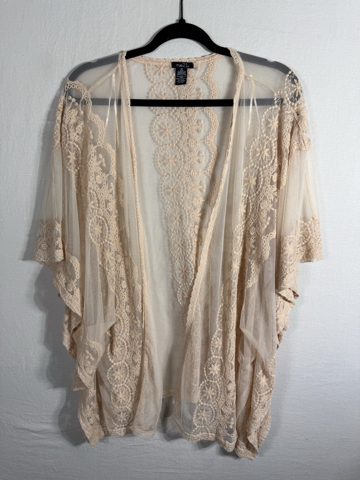 Rue21 Lace Kimono Cardigan One Size Beige Sheer Boho Floral Mesh Open Front