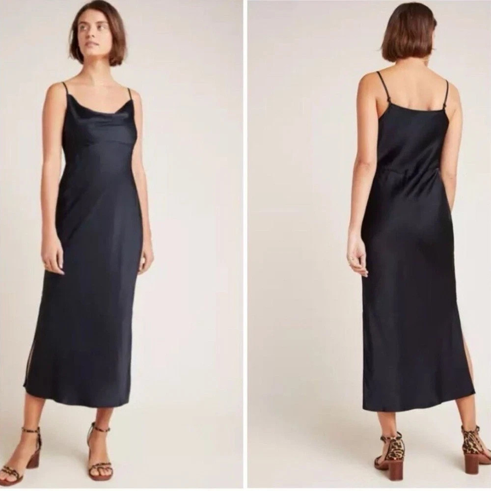 ANTHROPOLOGIE ELYSE SLIP DRESS WITH DRAPE NECK BLACK MEDIUM M