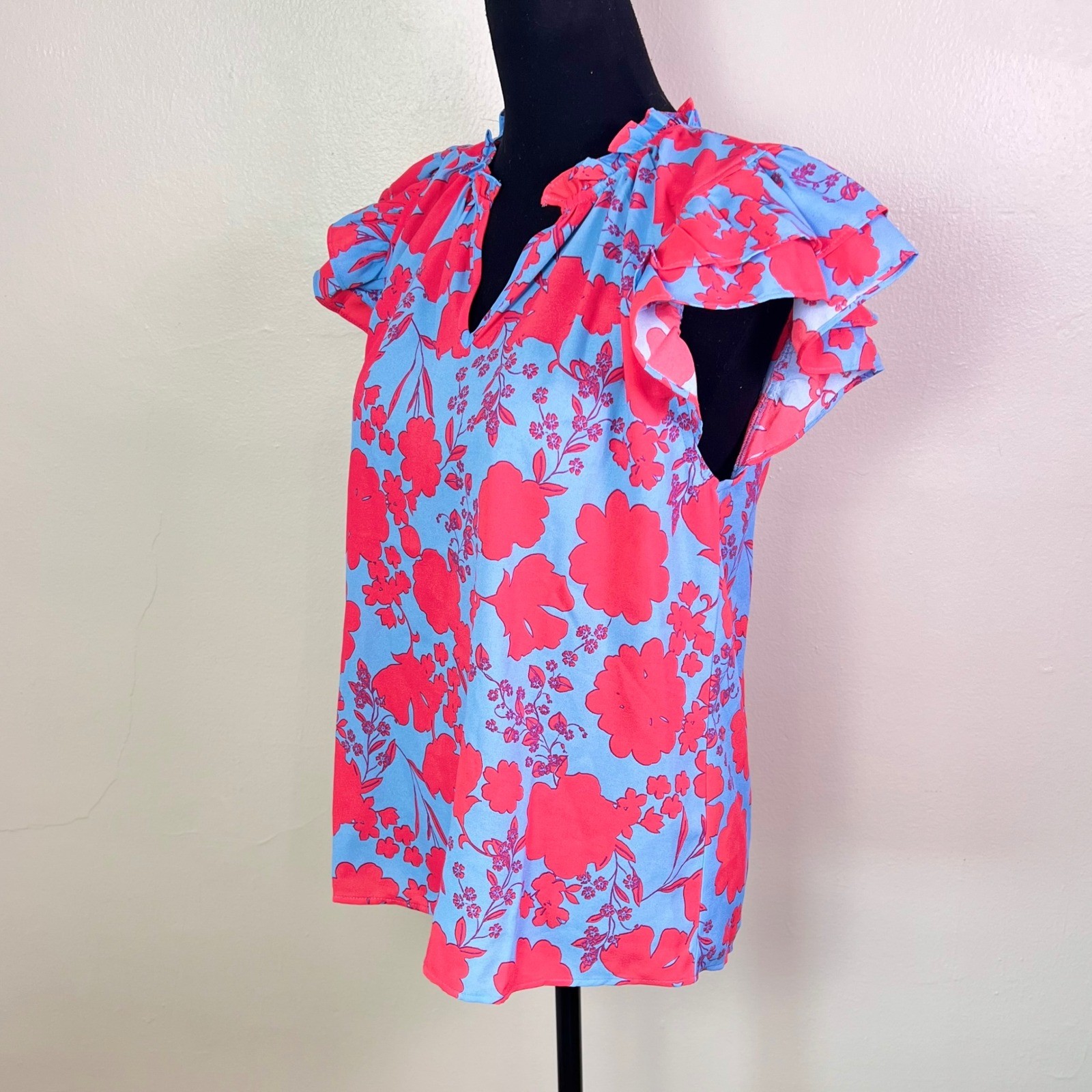 Sugarlips Thea Flutter Sleeve Blouse M Blue Pink Tropical Floral Dopamine Barbie