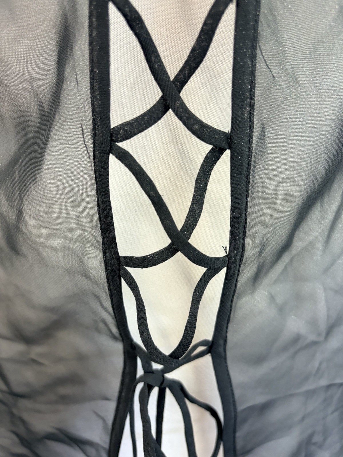 Black Sheer Lace Up Lingerie Ultra Mini Slip Dress Y2K Coquette Dreamy Vintage S