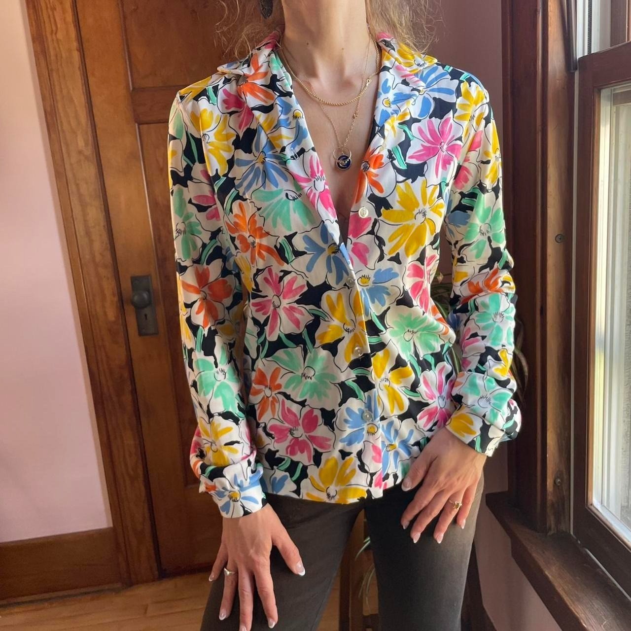 Vintage Floral Blouse 70s Women’s 8 Retro Button Down Top Artist 80s Maximalist