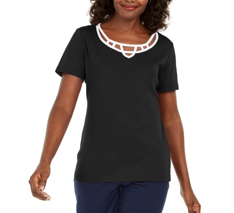 Karen Scott Womens Petite PXL Deep Black Short Sleeve Lattice Trim Top NWT Q66