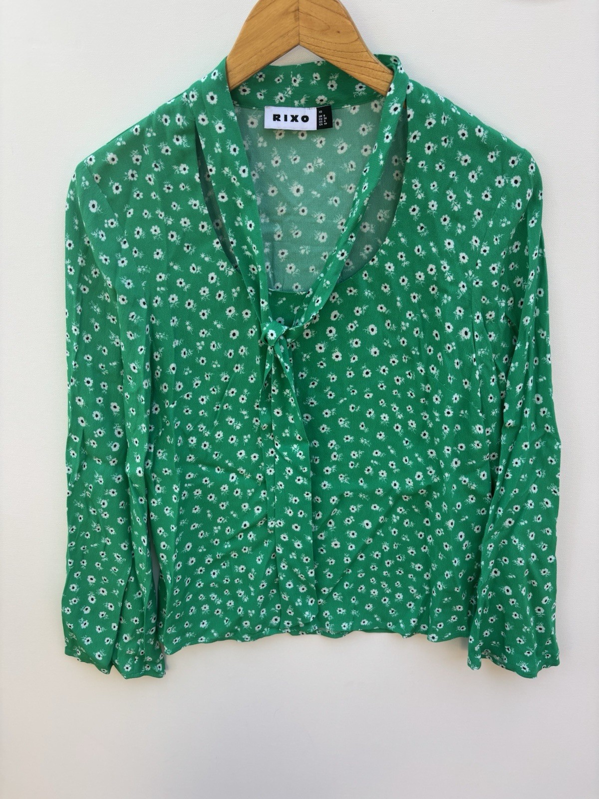 Rixo Top XS Green Floral Long Sleeve Tie Neck Blouse