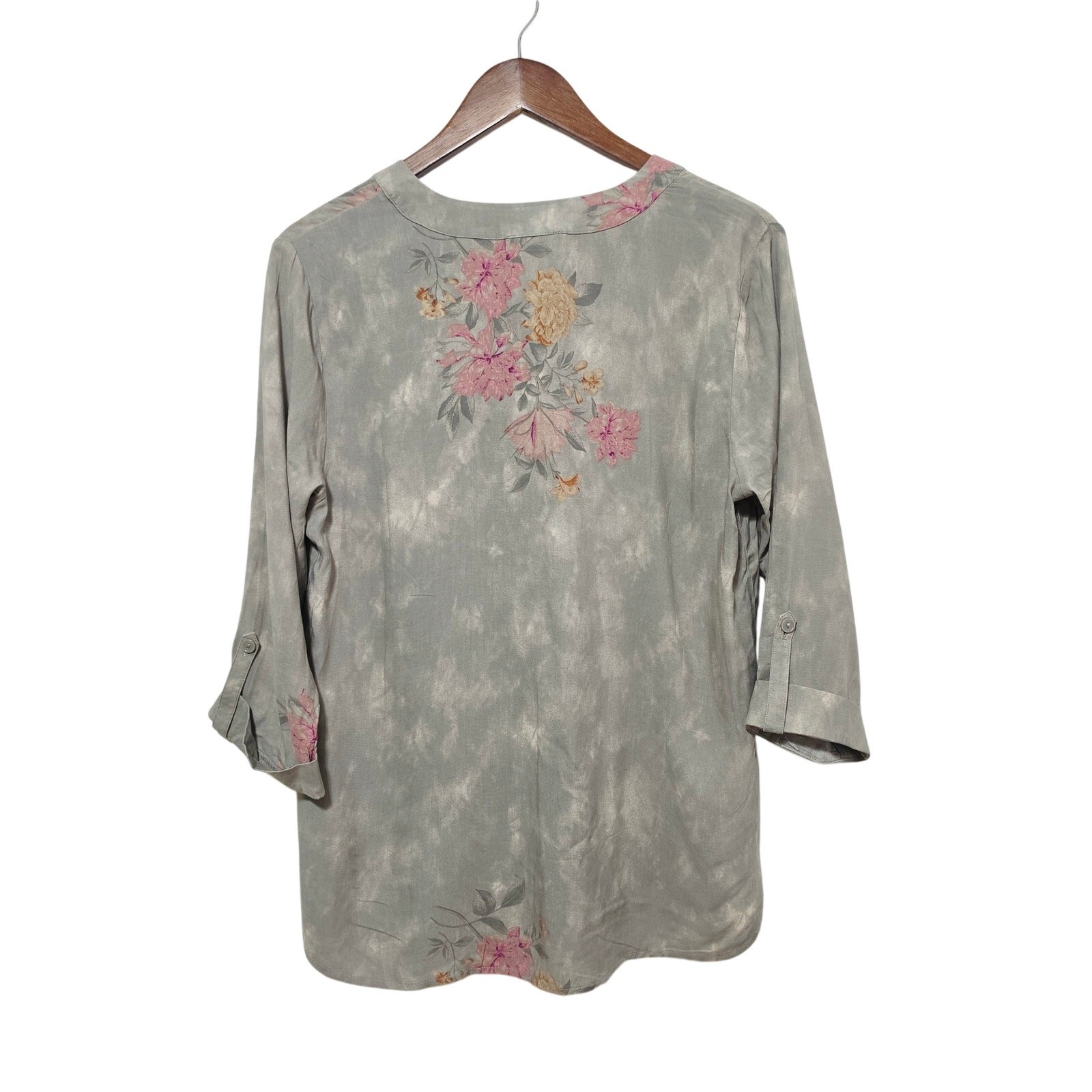 Pink Pearl Blouse Women’s Size L Rayon Lightweight Gray Floral Earthy Casual