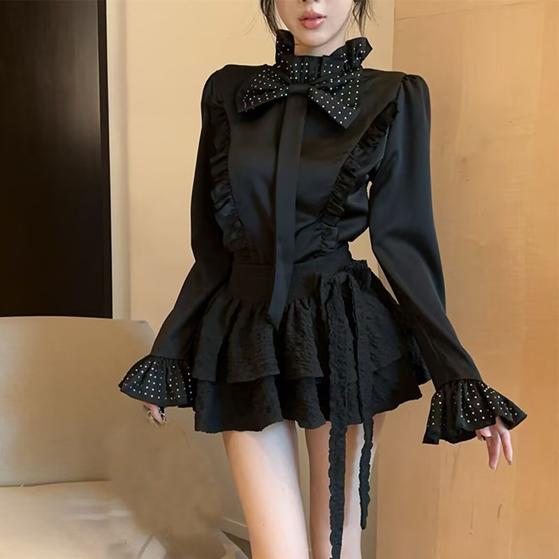 Fashion Womens Faux Satin Shirts Tops Bow Ruffles Lolita Long Sleeve Shirts New