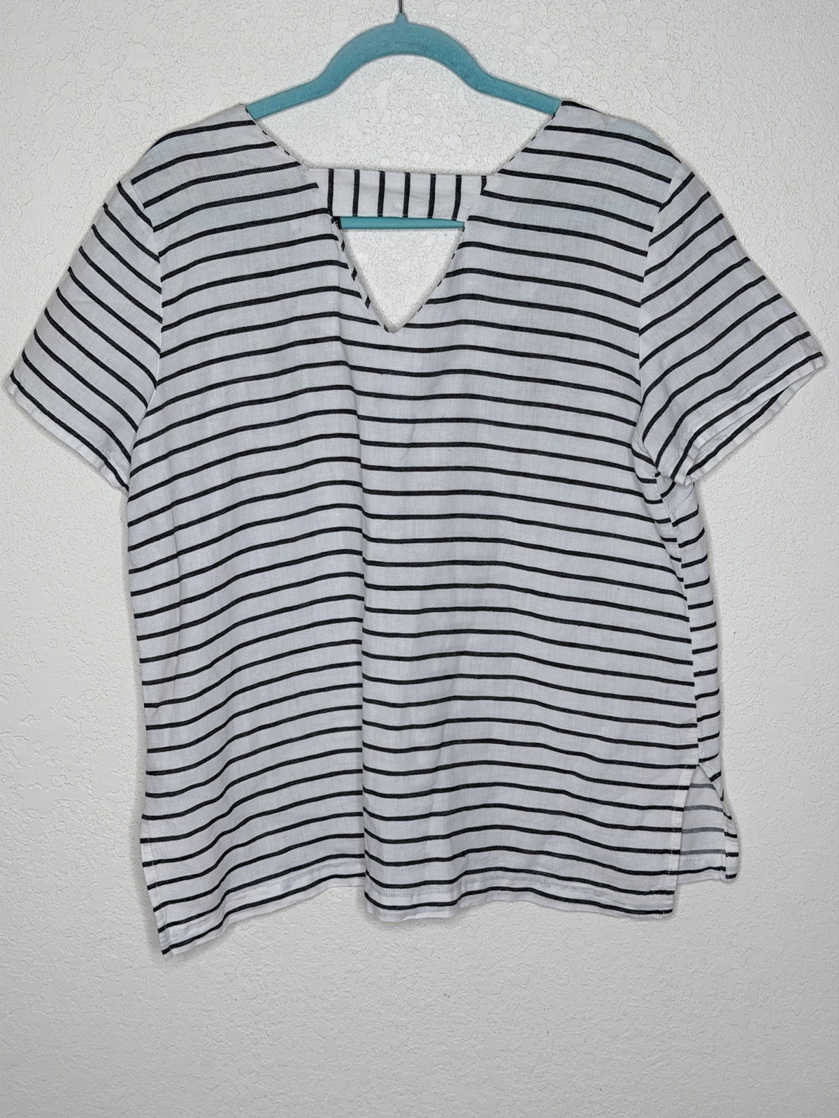Ellen Tracy Linen Blend Striped Top M Coastal Boho Navy White Vacation Travel