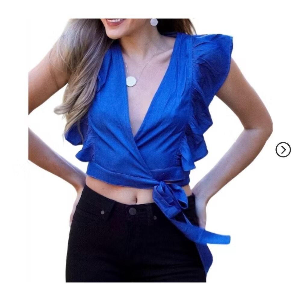 Glam Rocker Hot Bright Pink Wrap Crop Ruffle Top Tie US M Coquette Party Summer