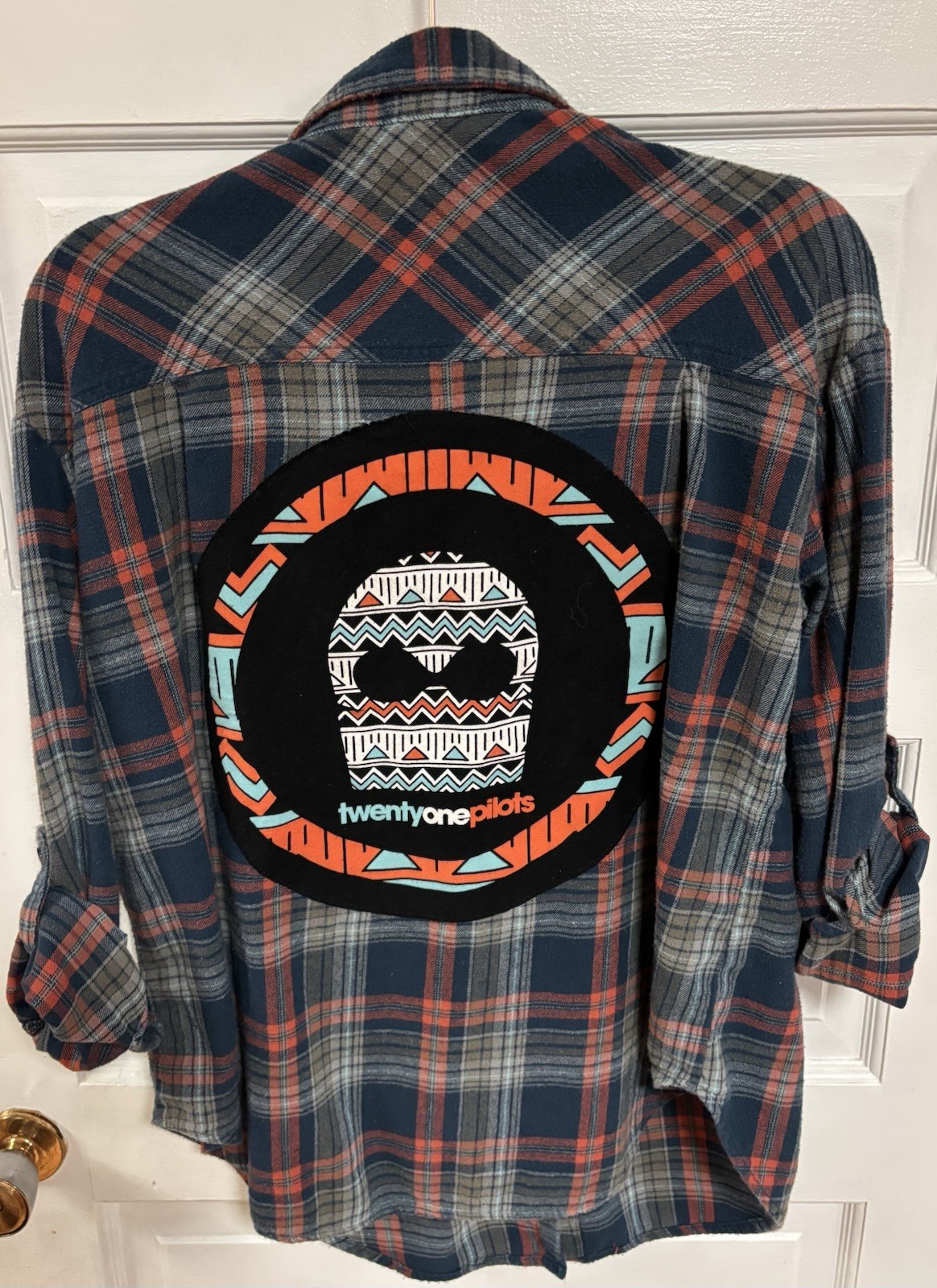 Upcycled Twenty One Pilots Button Down Flannel Top Womens Size Large Grunge Rock