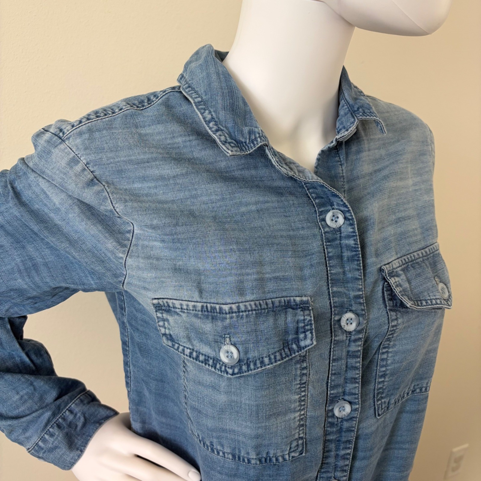 Bella Dahl Womens Blue Tencel Lyocell Cropped Chambray Denim Shirt Small