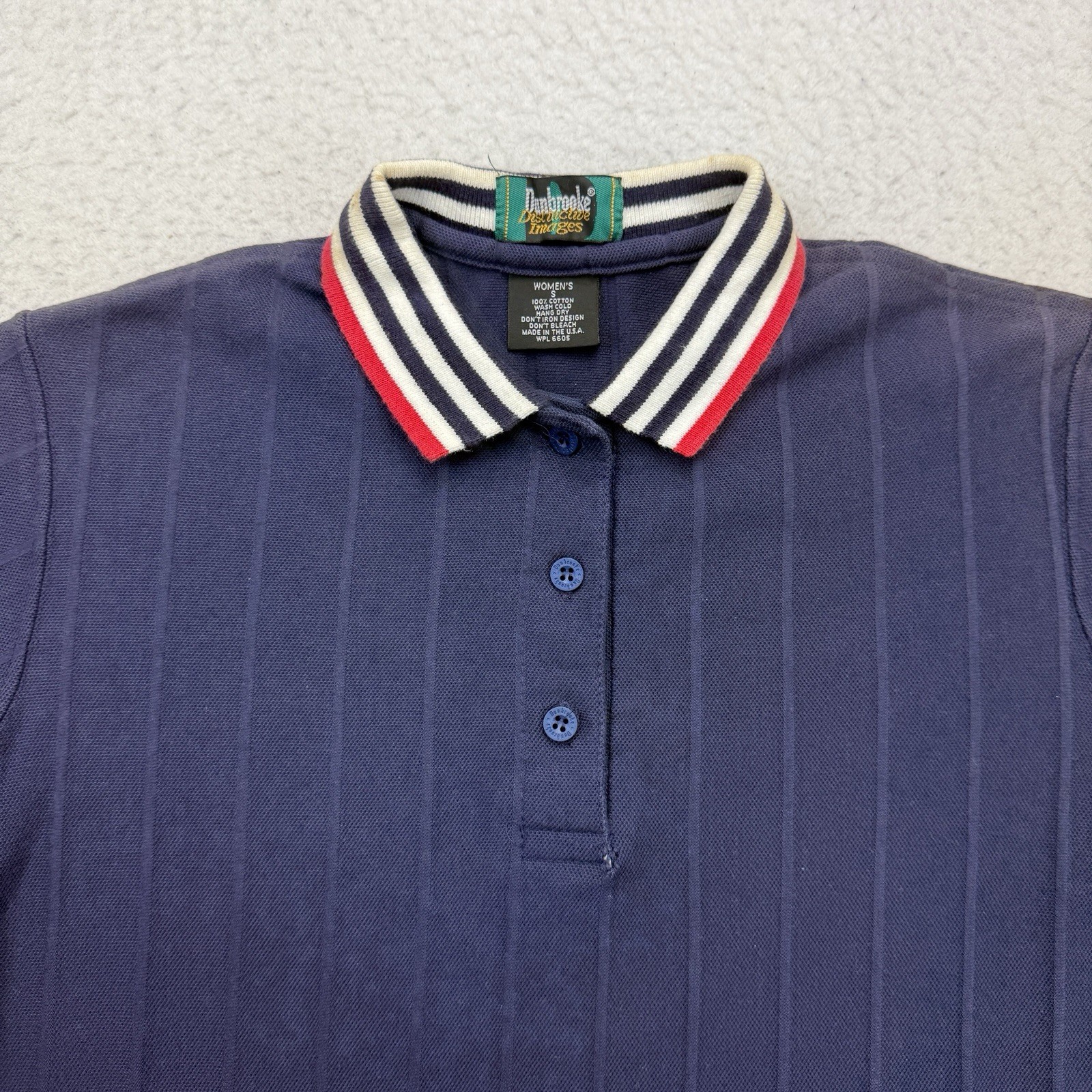 Vintage Dunbrooke Polo Shirt Womens Small S Blue Striped Short Sleeve Distressed