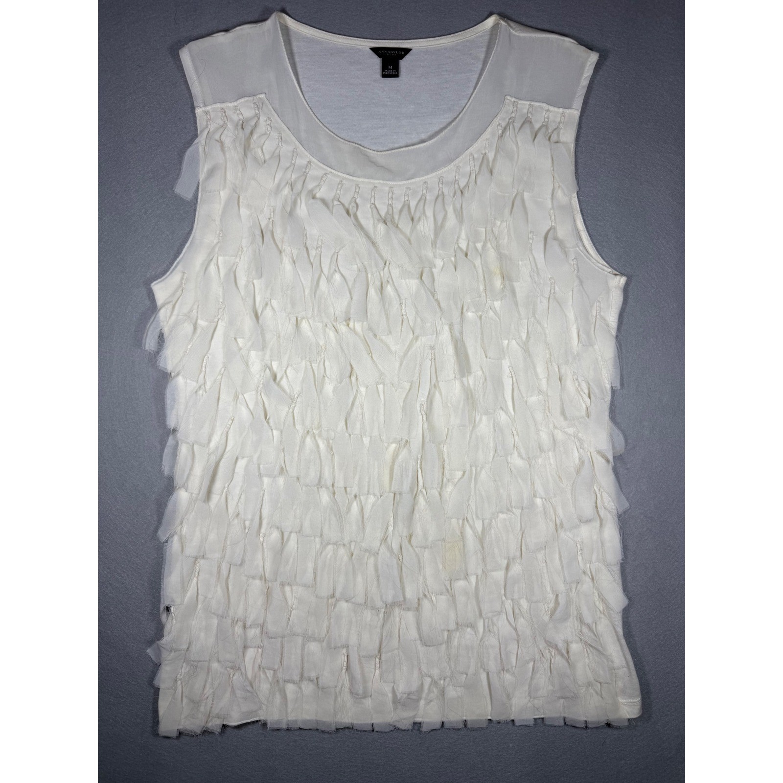 Chic Ann Taylor Boho Cream Fringe Top Indie Cottagecore Sheer Shag Texture M