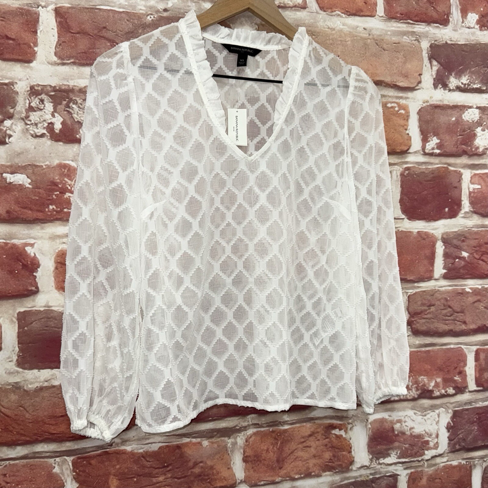 Banana Republic Top Shirt Womens XS White Diamond Abstract Burnout Sheer Popover