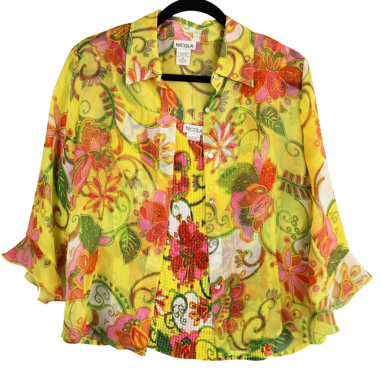 Nicola Vintage Women’s Medium Tank Top Shirt Set Floral Yellow Pleated Crinkle