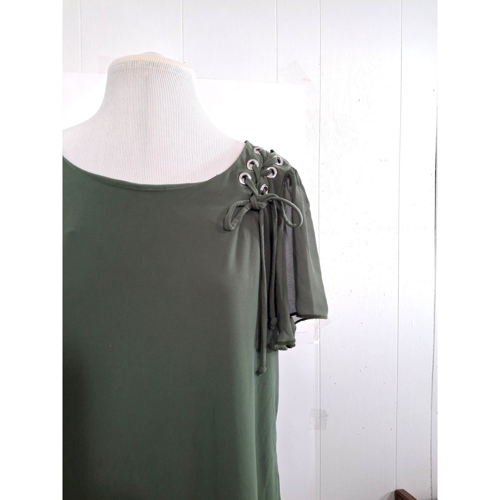 Adele & May Olive Green Top Size Large with Asymmetrical Cap Sleeves Sheer