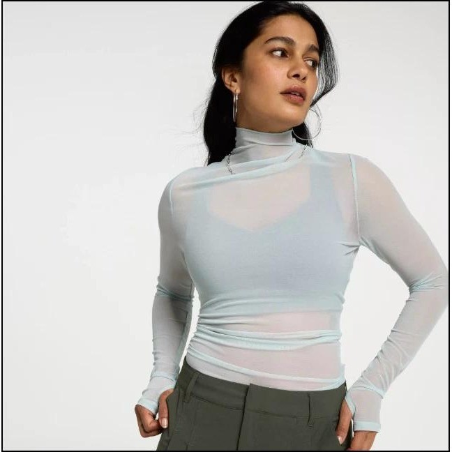 CALIA Smoked Turquoise Draped Funnel Long Sleeve Mesh Sheer Top XXL WAX27 NEW