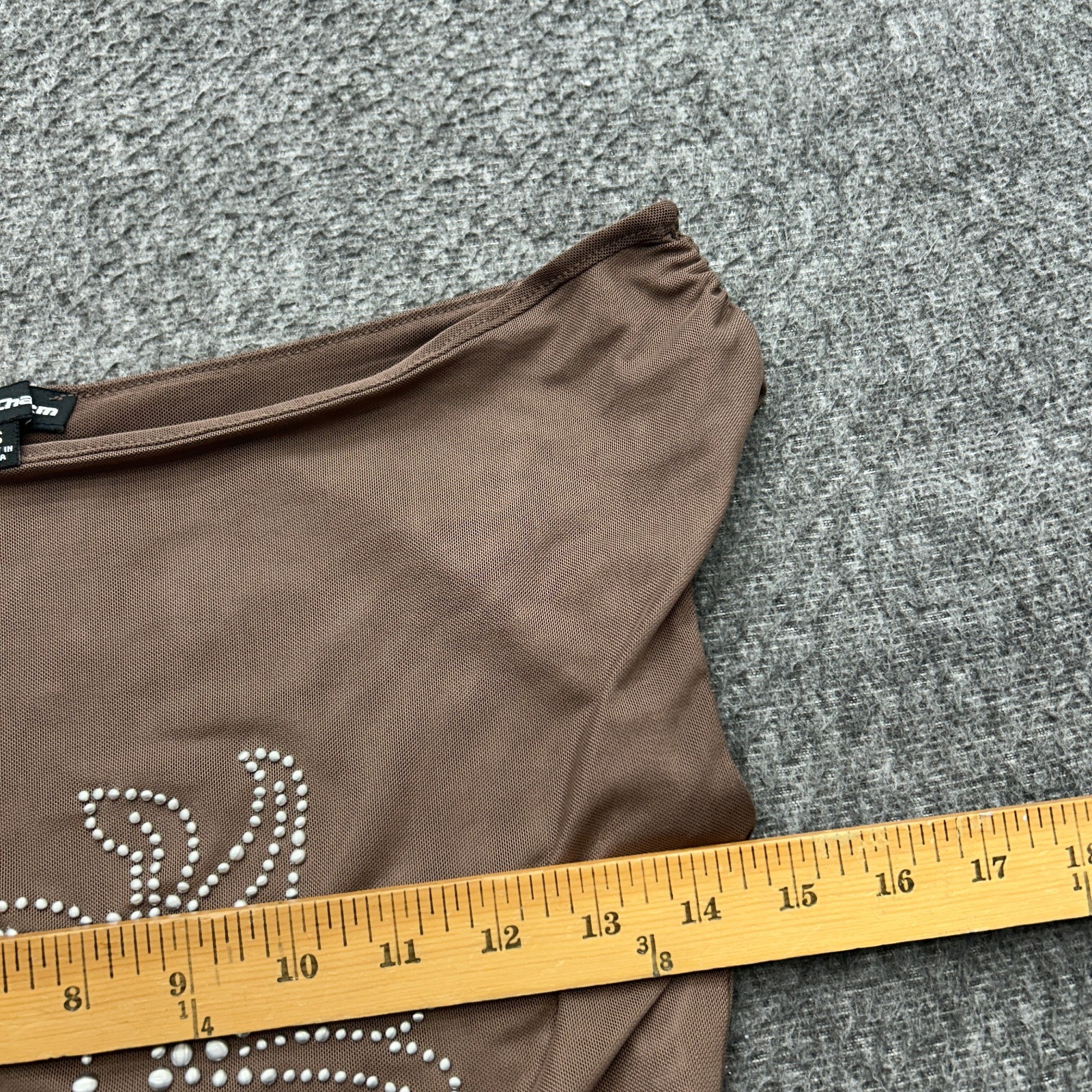 Third Charm Brown Sheer Mesh Studded Floral Off The Shoulder Top Y2K S