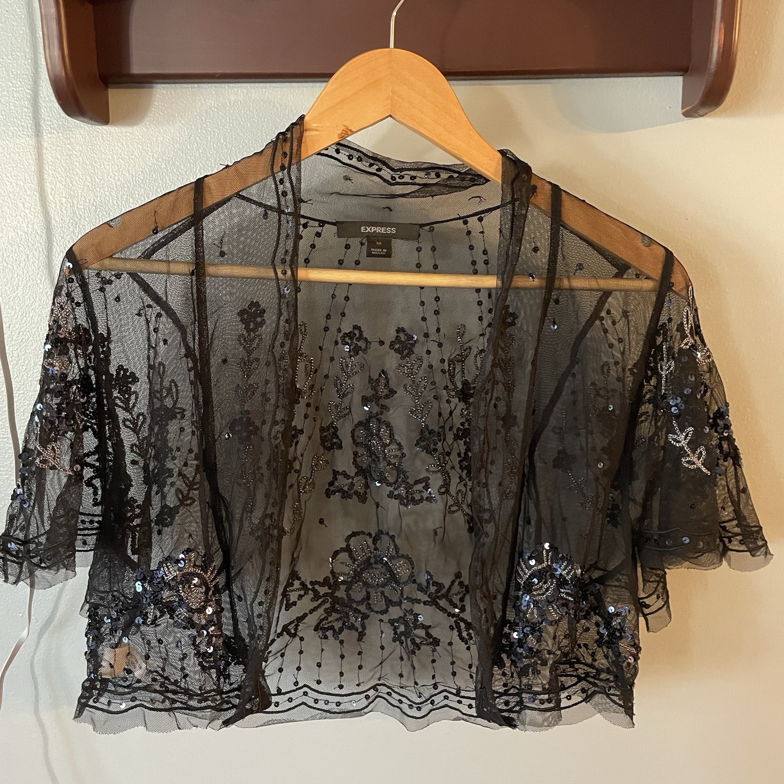 Express Women’s M Short Sleeve Shawl Black Sequin Bead Mesh