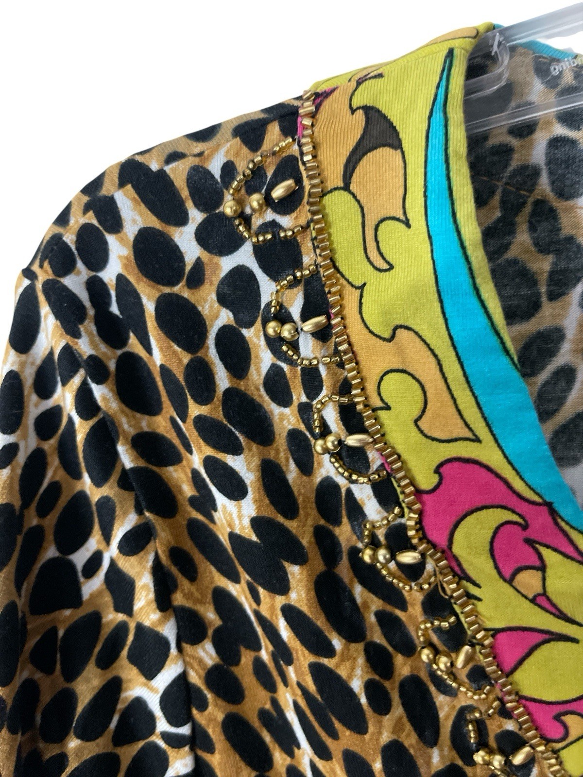 Joyous & Free Top Women S Embellished Tunic V Neck Animal Print Contrast Trim