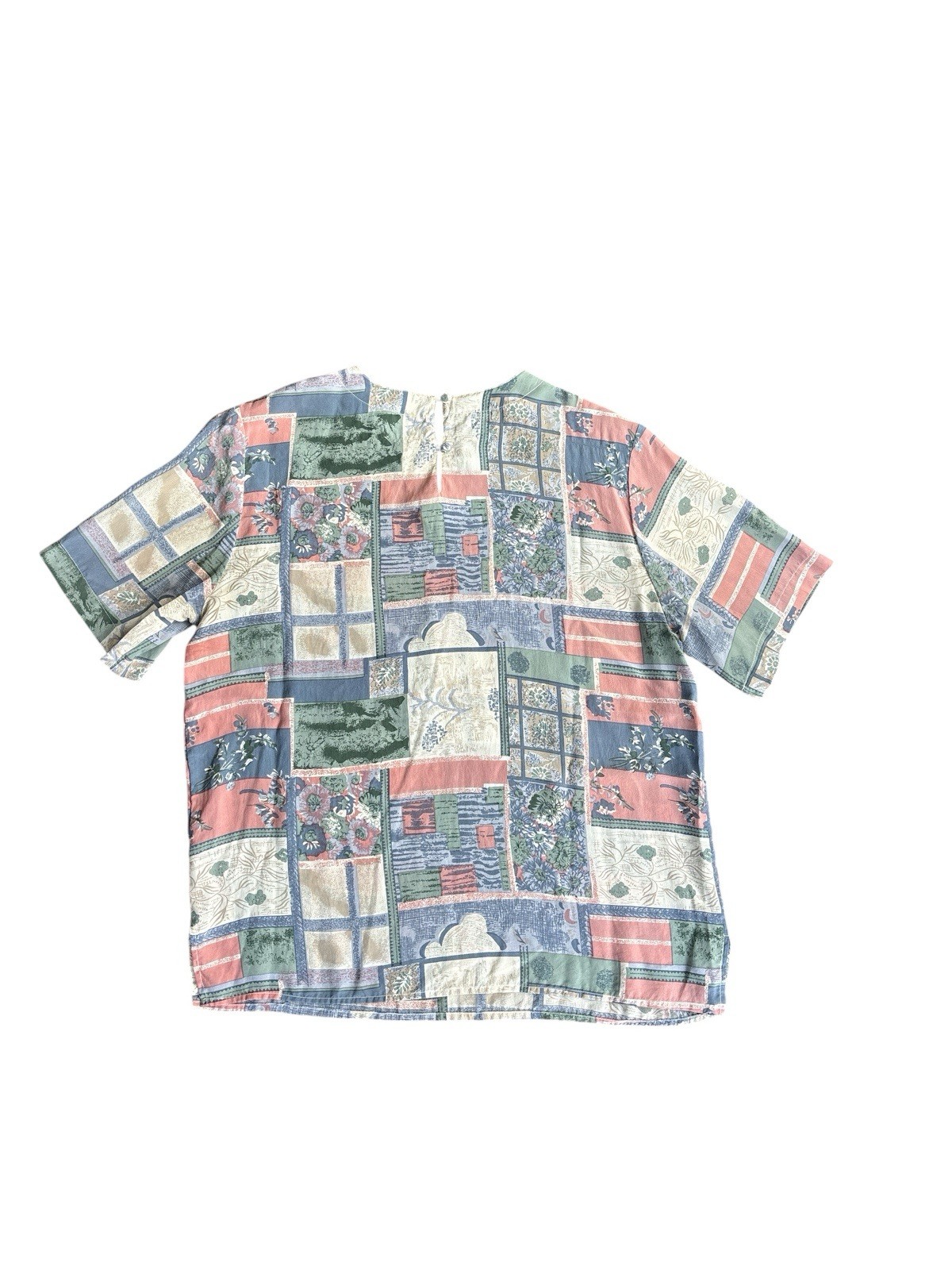 QUO-SILK Womens M Silk Floral Patchwork Keyhole Back Short Sleeve Cottagecore