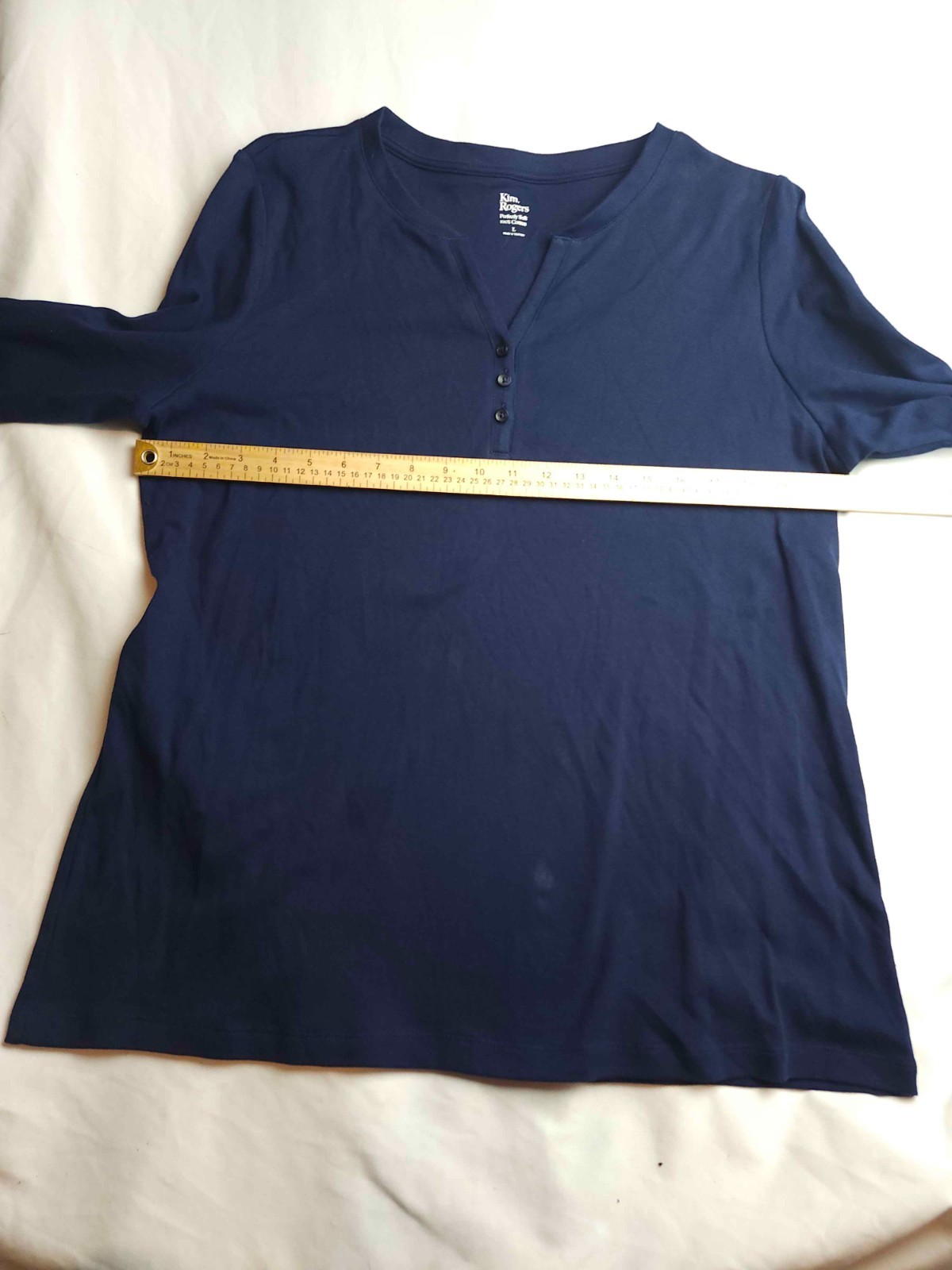 Kim Rogers Top Womens L Blue Henley Minimalist Coastal Chic Modern Classic