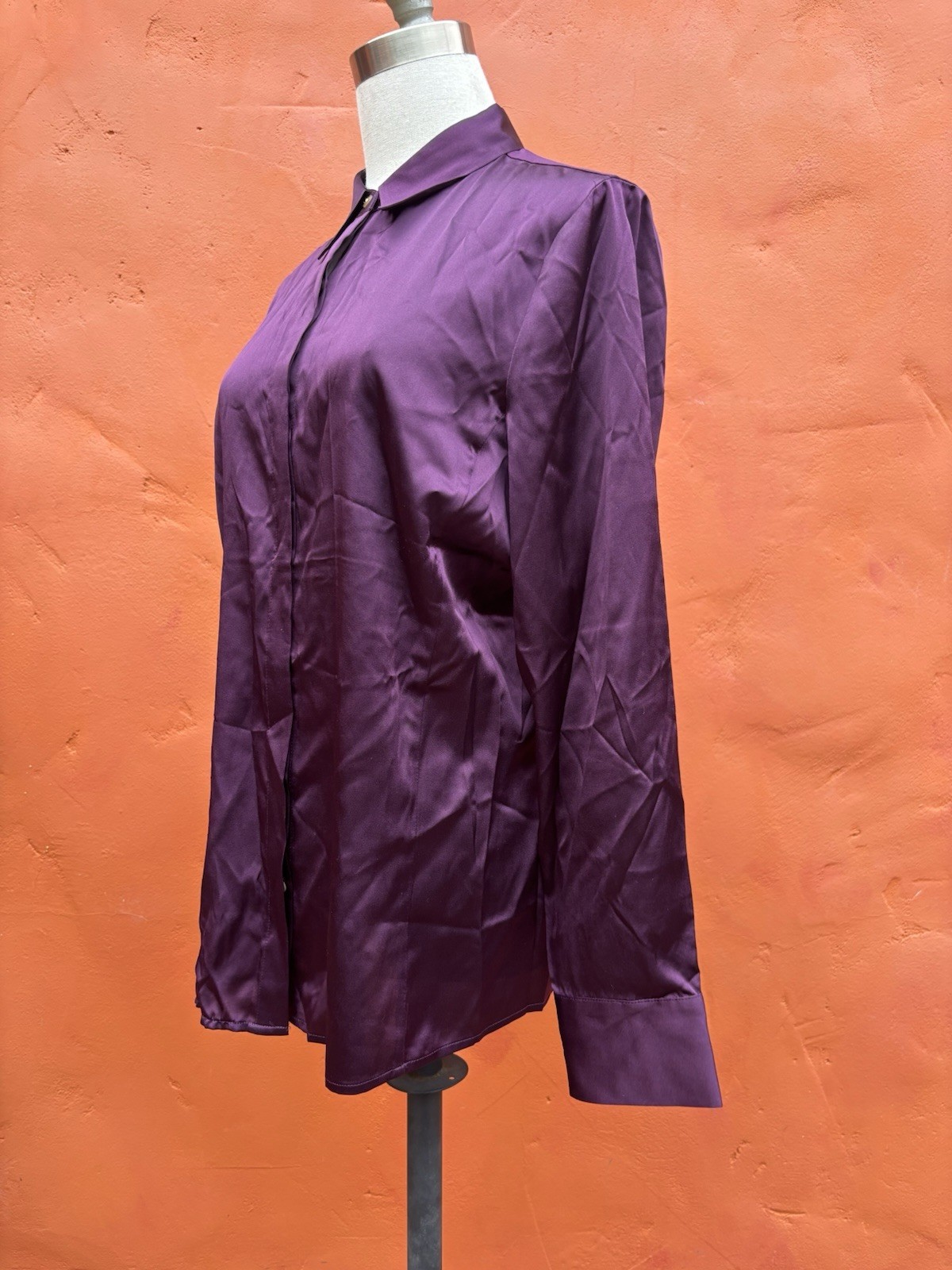 NWT ANN TAYLOR Petites 14P Plum Button Down Silk Blouse Shirt Top Barrel Cuff