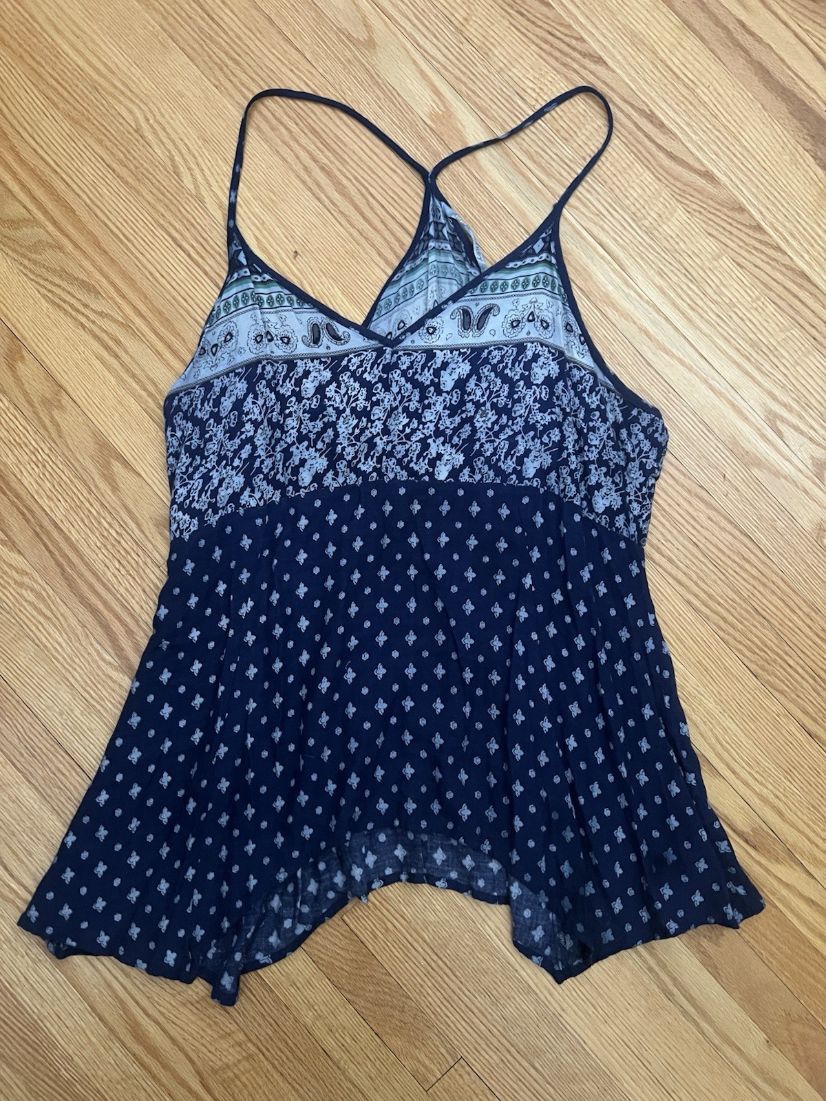 Hippie Laundry Women XL Boho Spaghetti Strap Rayon Tank Top Blue Floral Paisley