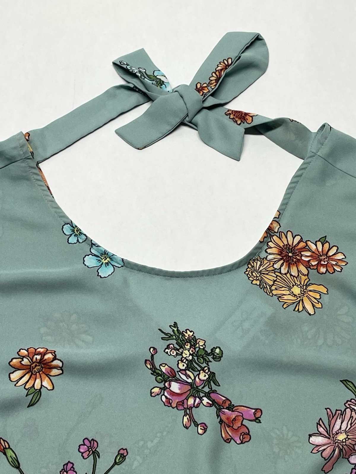 Blue Wildflower Floral Flutter Sleeve Tie Back Blouse XL Boho Cottagecore Dainty