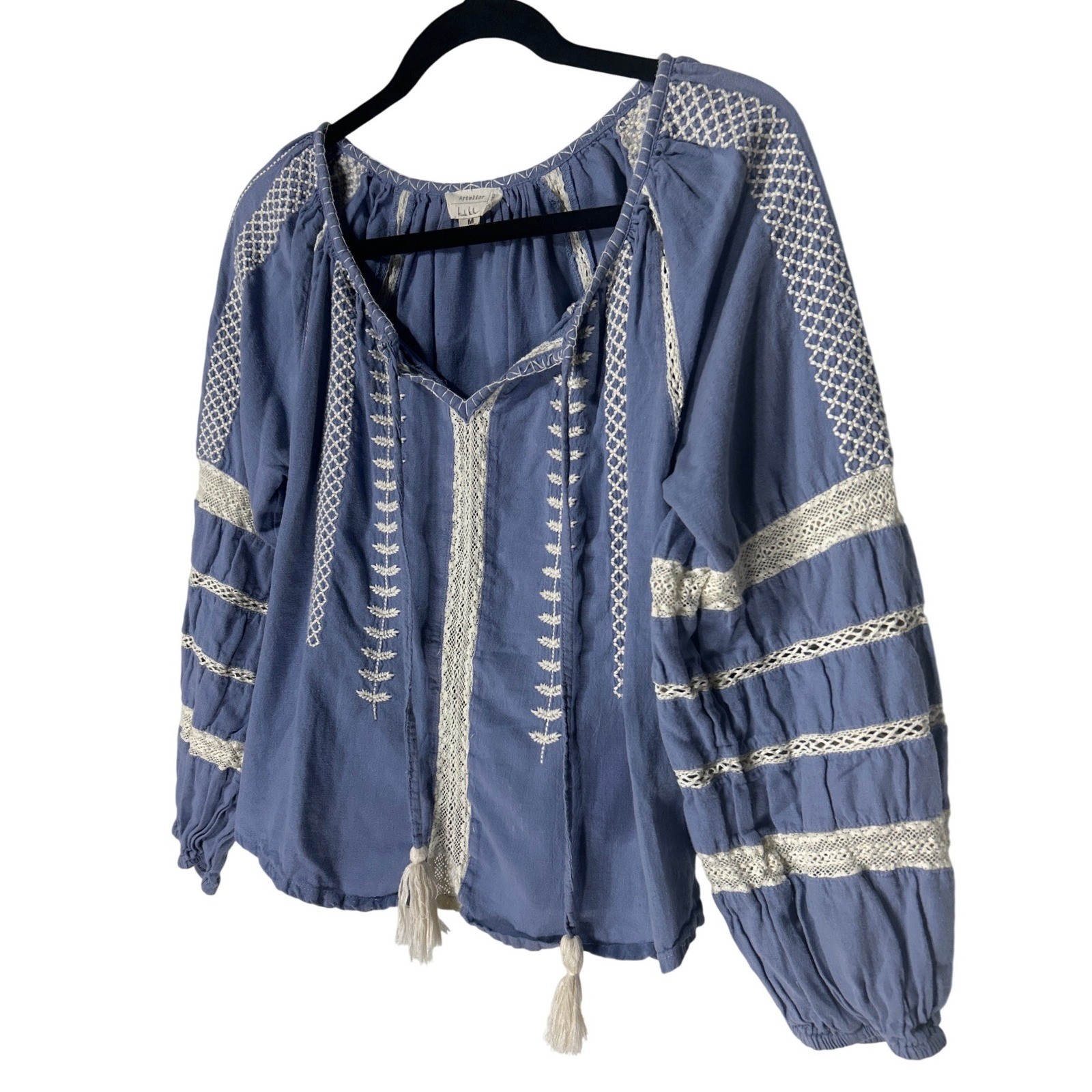 Artelier Nicole Miller Embroidered Tassel Peasant Top Blue Size Medium