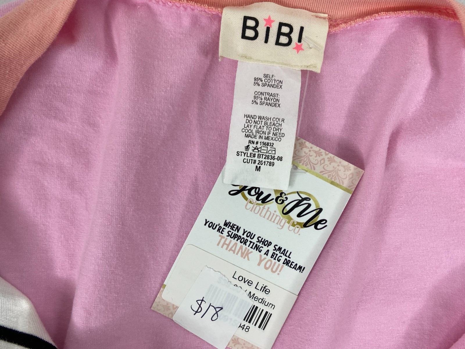 Bibi Women Medium Pullover Blouse Color Block Pink V Neck Button Casual NWT