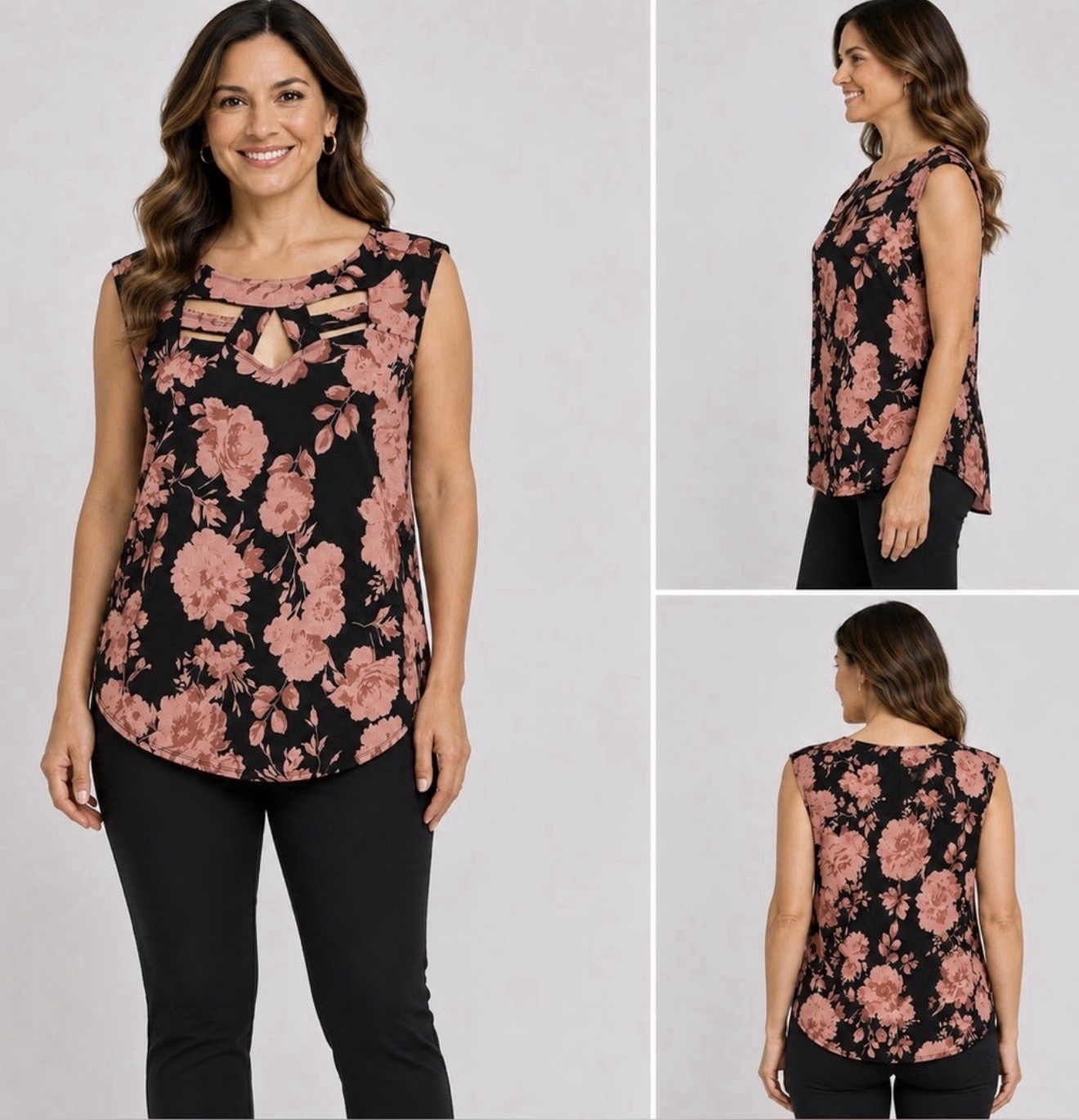 Diana Belle XL Pink Floral Sleeveless Top Black Cutout Neck Stretch NWT