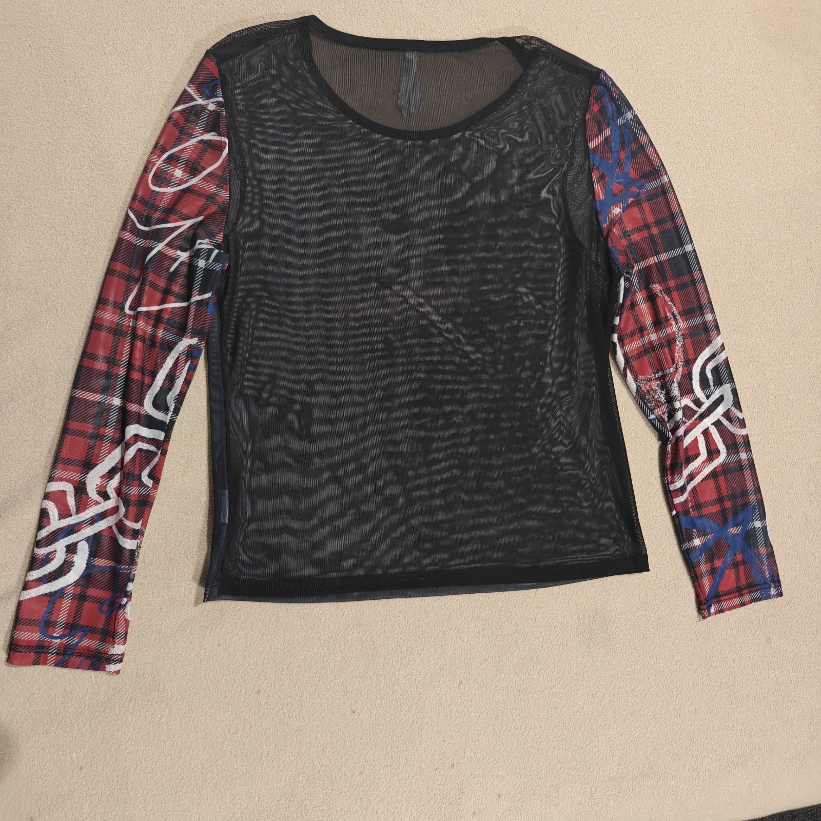 Black Friday Mesh Graphic Long Sleeve Top Plaid Graffiti Punk Goth Size 14
