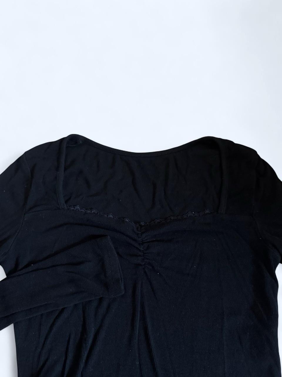 Women’s Black Solid Knit Square Neck Ruched Cropped Long Sleeve Top Size S