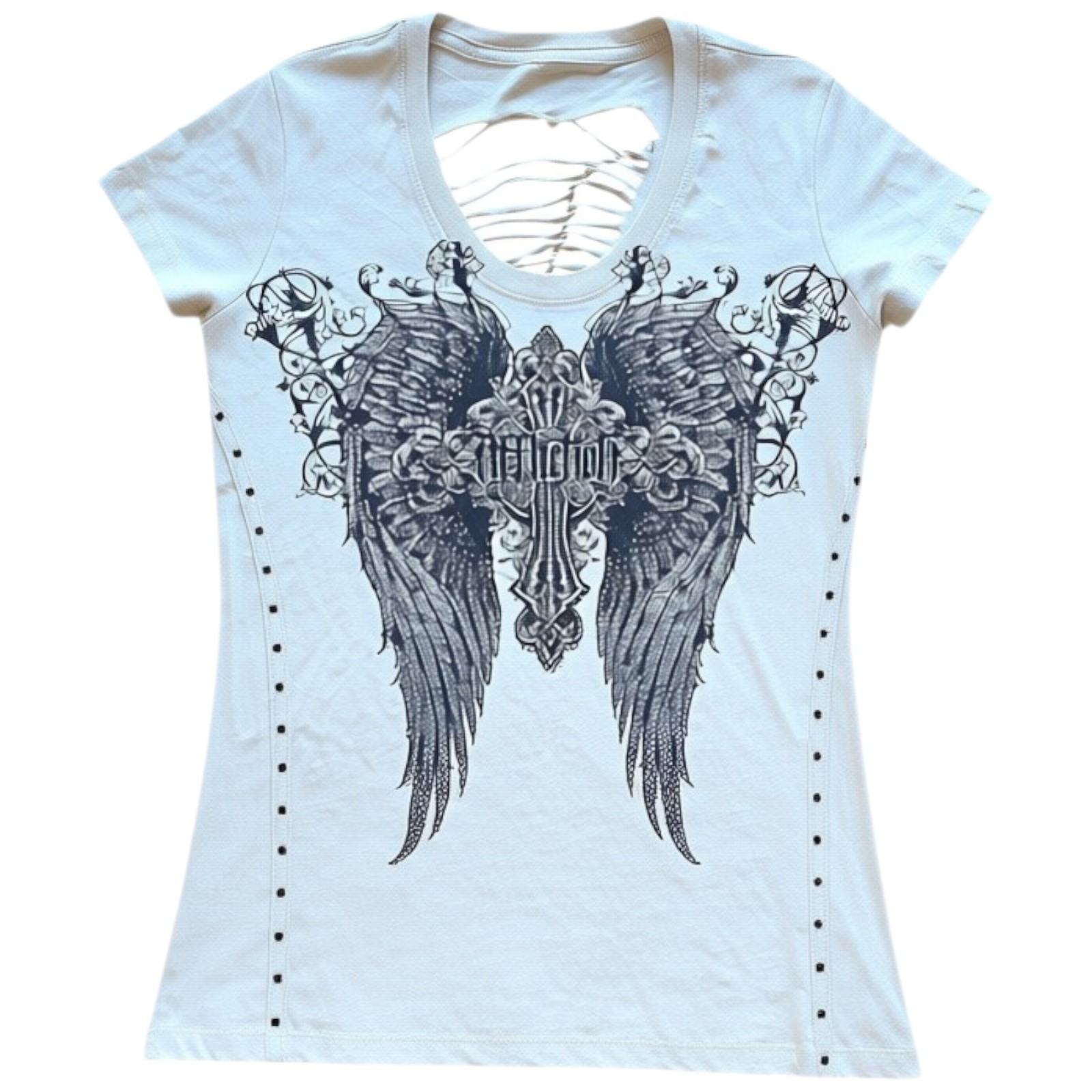Women’s Affliction Wings Cross Vintage Distressed Beige Wash Y2K T-Shirt M-L