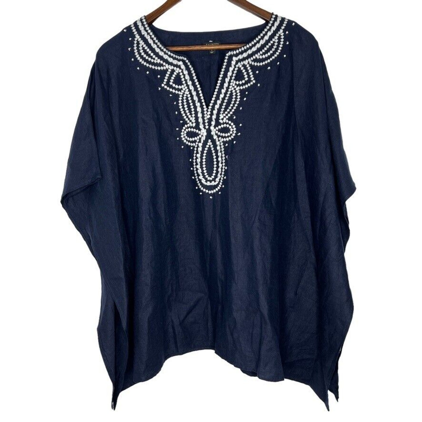 Talbots Navy Blue 100% Linen Embroidered Poncho V-neck Poncho Top L Women’s