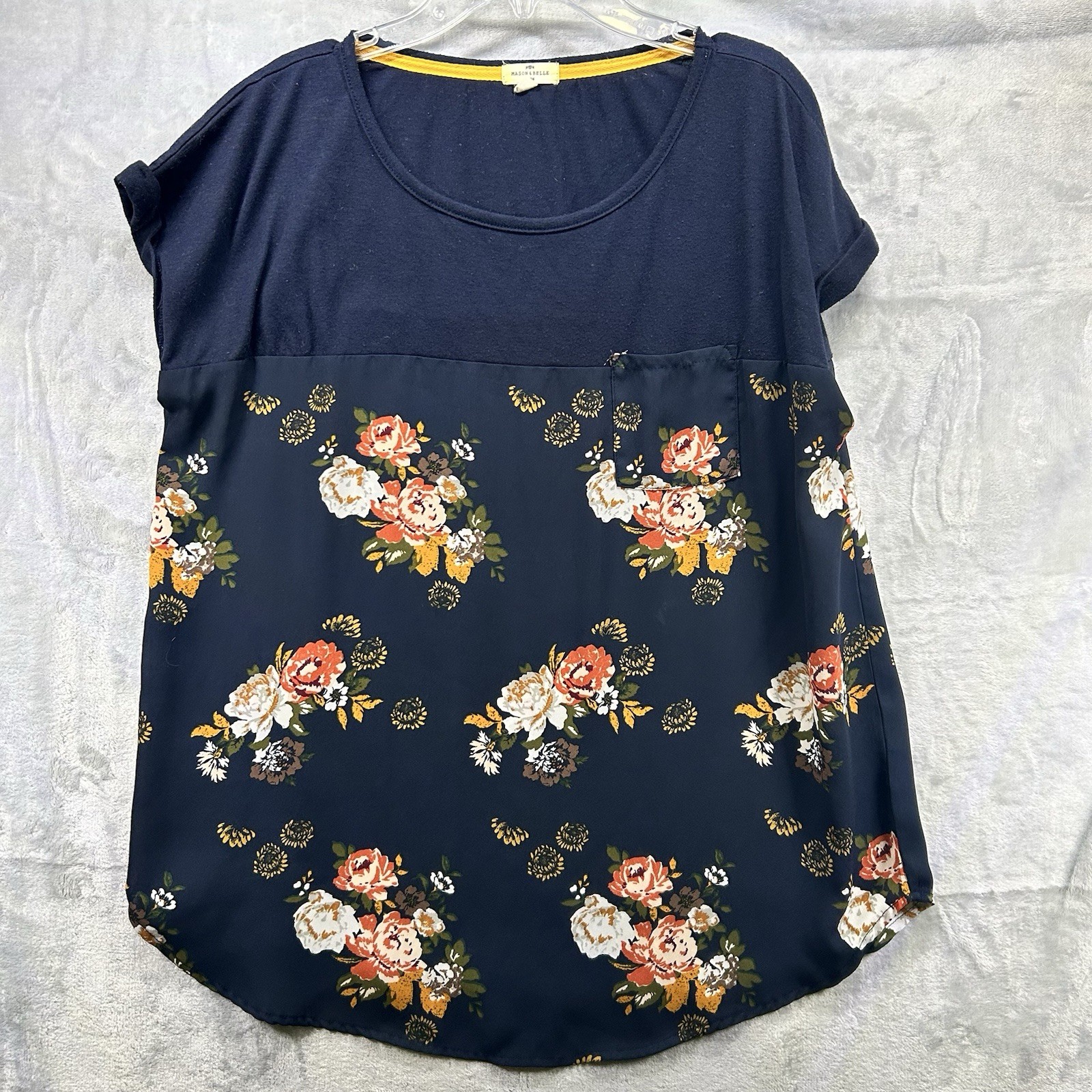 Women’s Blouse Blue Floral Short Cap Sleeve Scoop Neck Pocket Size L Workwear