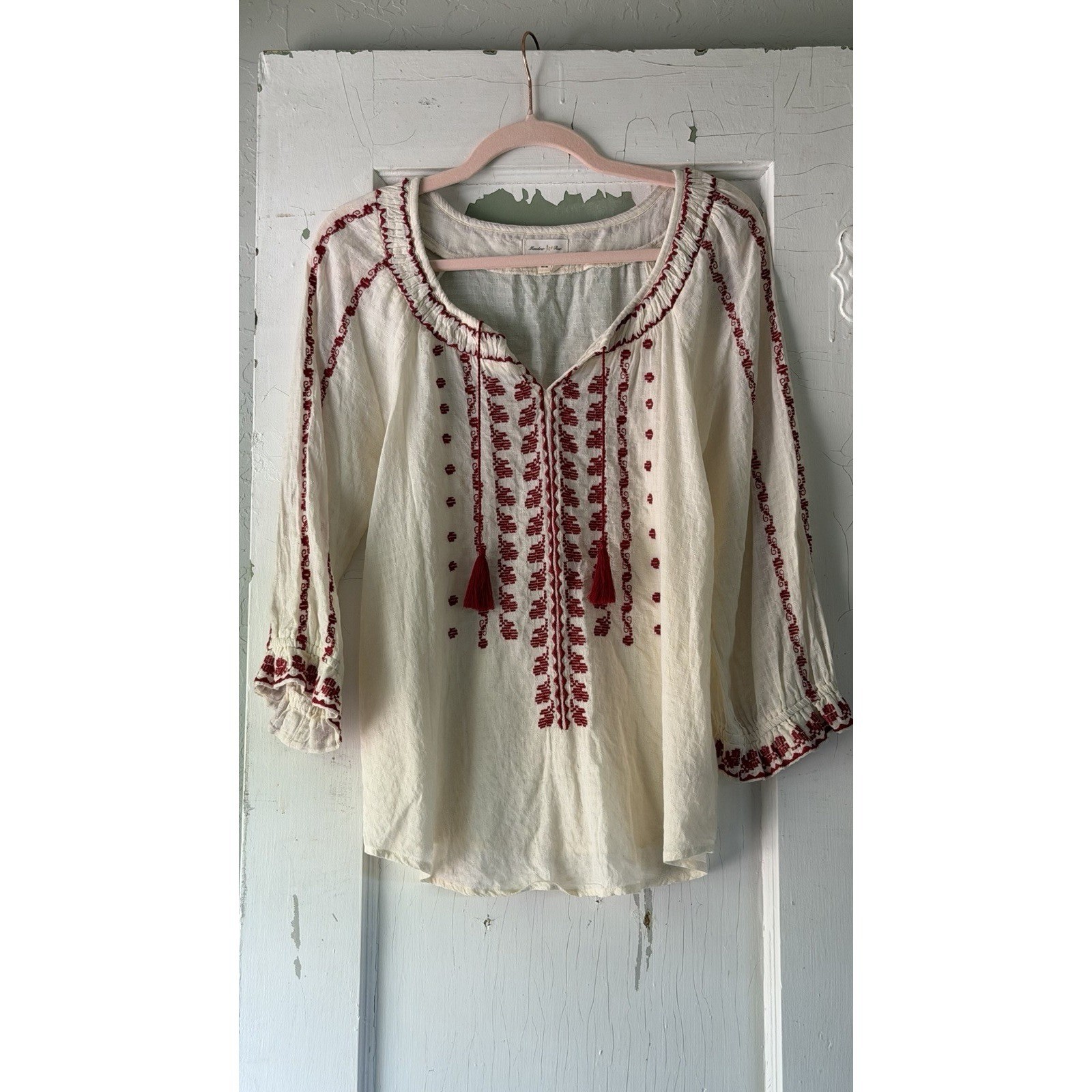 Meadow Rue by Anthropologie Embroidered Peasant Blouse Size 4 Boho Tassel Top