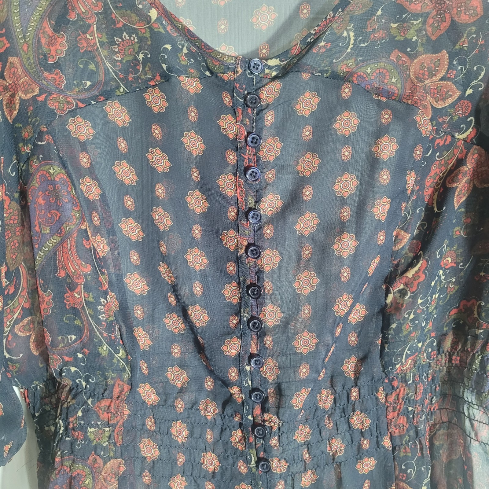 Motto Sheer Button Up Balloon Sleeve Smocked Waist Blouse Womens Small Black Y2K