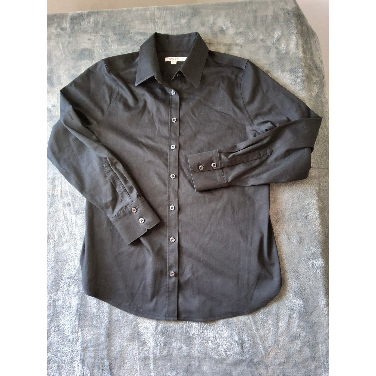 Chicos Black Long Sleeve Button Down Shirt Cotton Blend Stretch Size 0 US 4