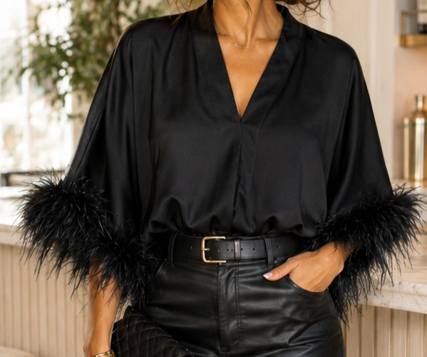 Entro Black Satin Feather Cuff Bodysuit Women’s Medium Glam Party V-Neck Top