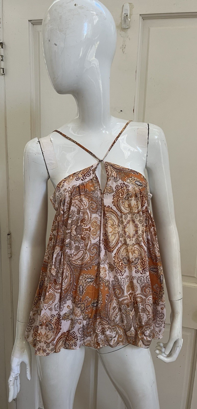 H&M NEW! Orange/Brown Paisley Strappy Halter A-Line Camisole Blouse Sz US 8