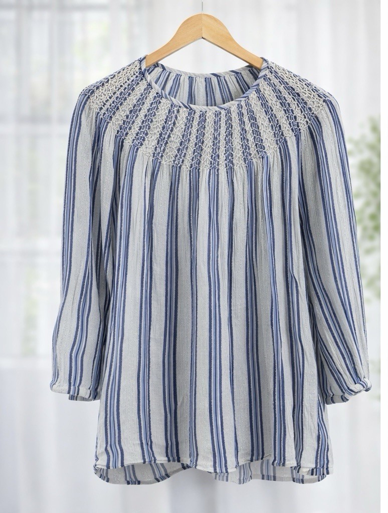 J.Jill Popover Top Blue White Stripes With Gold Metallic Thread Pintucked Neck L