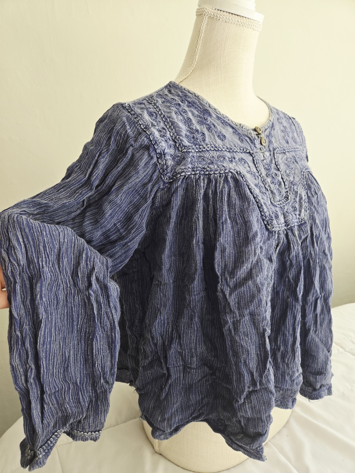 Boho GEETA Hippie Bohemian Indian Embroidered Blue Kurta Top Rayon OS Casual Blu