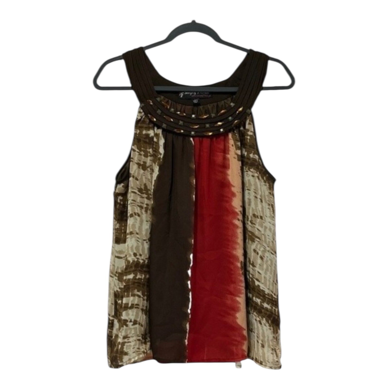 Simply French Sleeveless Blouse Embellished Neckline Tie Dye Print Large